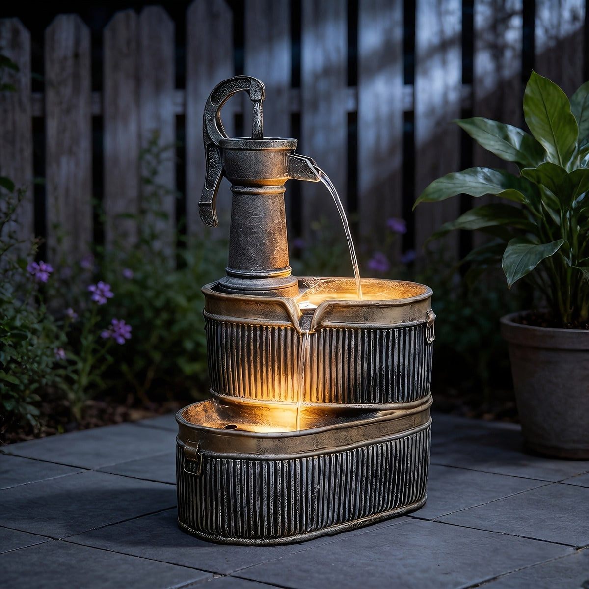 Outdoor Water Fountain 2-Tier Barrel with LED Light & Pump - Rustic Resin Garden Fountain for Patio — image 6