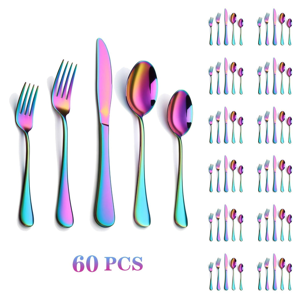 60-Piece Rainbow Flatware Set with Five Utensil Forms in Twelve-Piece Rows for Complete Table Settings — image 5