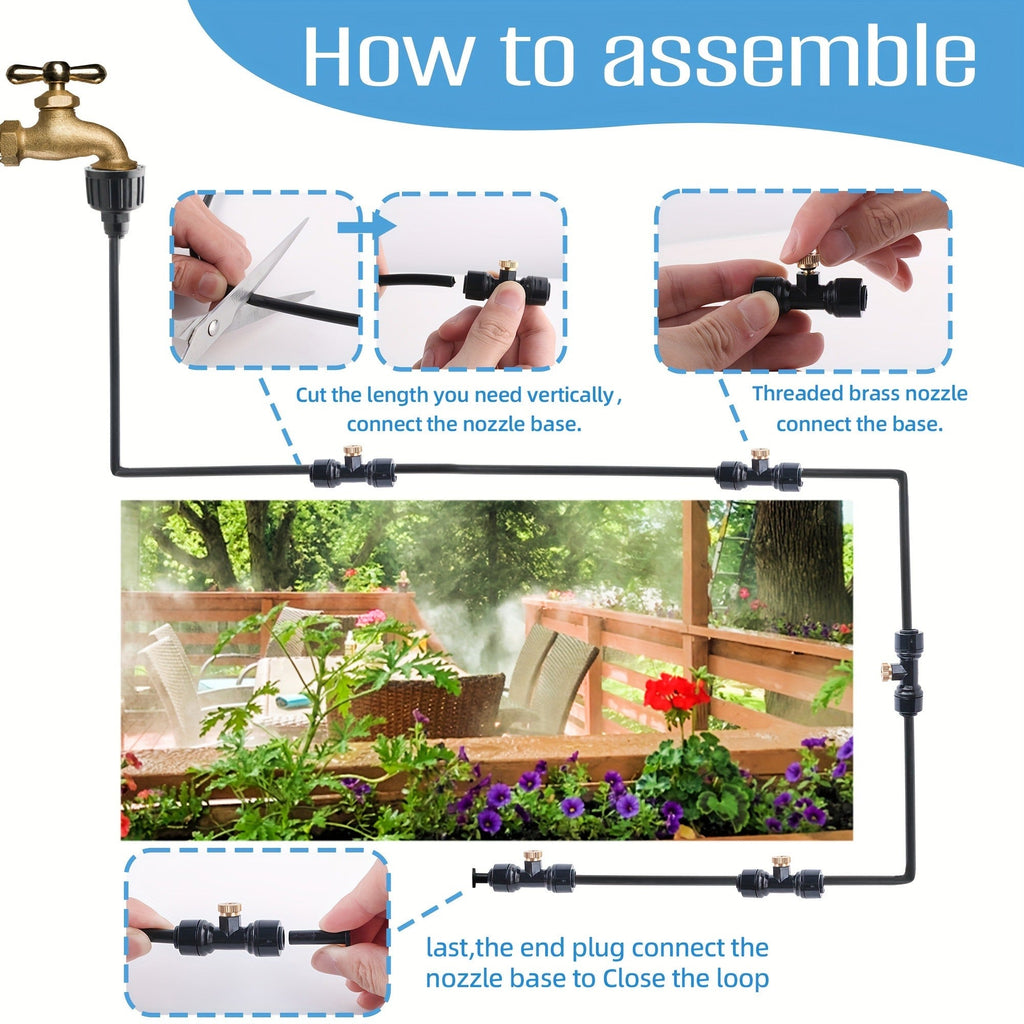 Expandable Garden Hose with Brass Mist Nozzles – Flexible Outdoor Misting Cooling System for Patio, Lawn & Greenhouse (20FT /