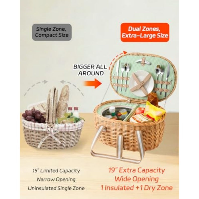 Insulated Wicker Picnic Hamper Set for Two with Cutlery, Ceramic Plates, Glasses and Cheese Board — image 5