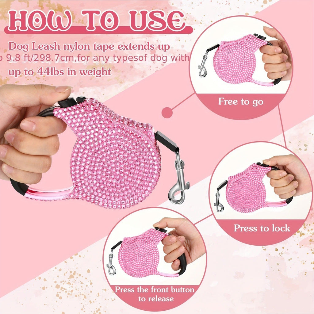 Pink Rhinestone Retractable Dog Leash with Bone-Shaped Waste Bag Dispenser, Metal Clip and One Roll — image 7
