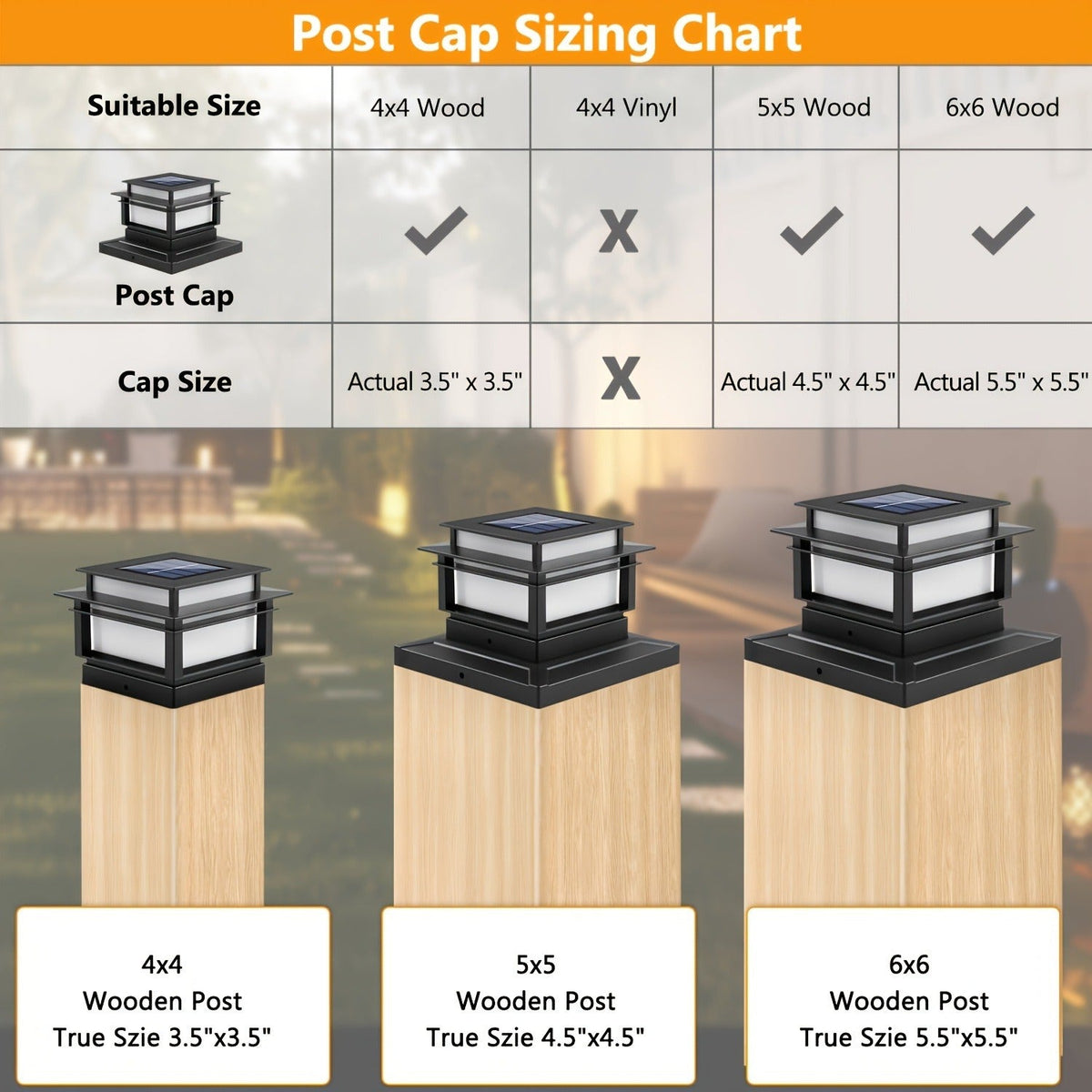 Six-Pack Solar Fence Post Cap Light Set for 4 x 4, 5 x 5 or 6 x 6 Posts with Amber Illumination — image 4