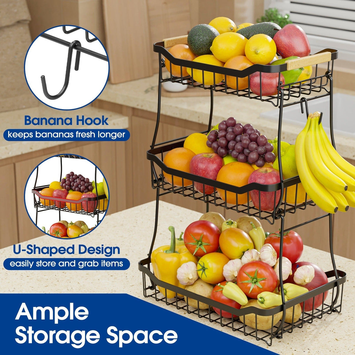 Tiered Fruit Basket Kitchen Organizer with Banana Hook, Removable 2 or 3 Metal Baskets and Wood Handle — image 6