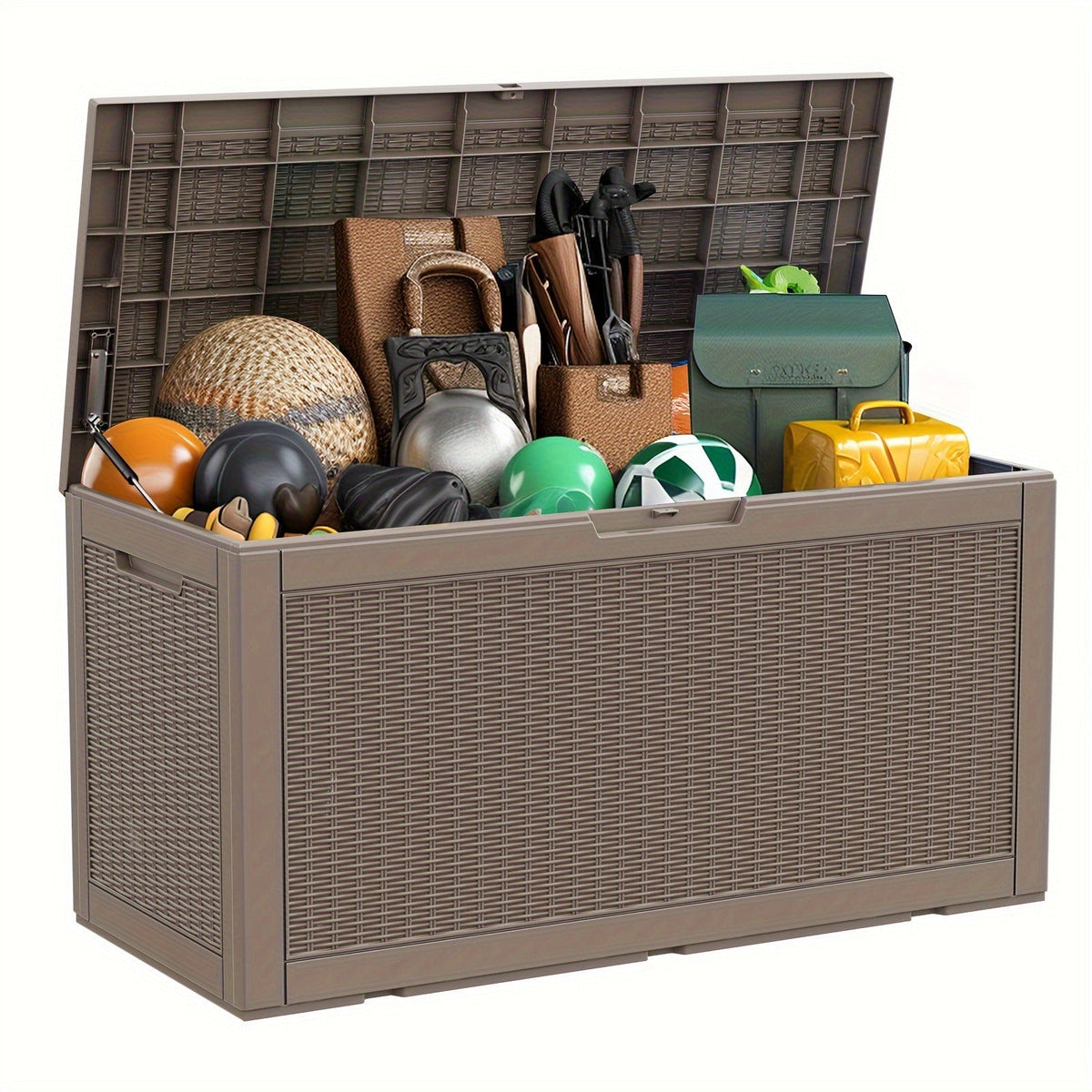Large Gray Rattan-Look Outdoor Storage Box with 110-Gallon Pictured Capacity, Handles and Hinged Lid — image 5