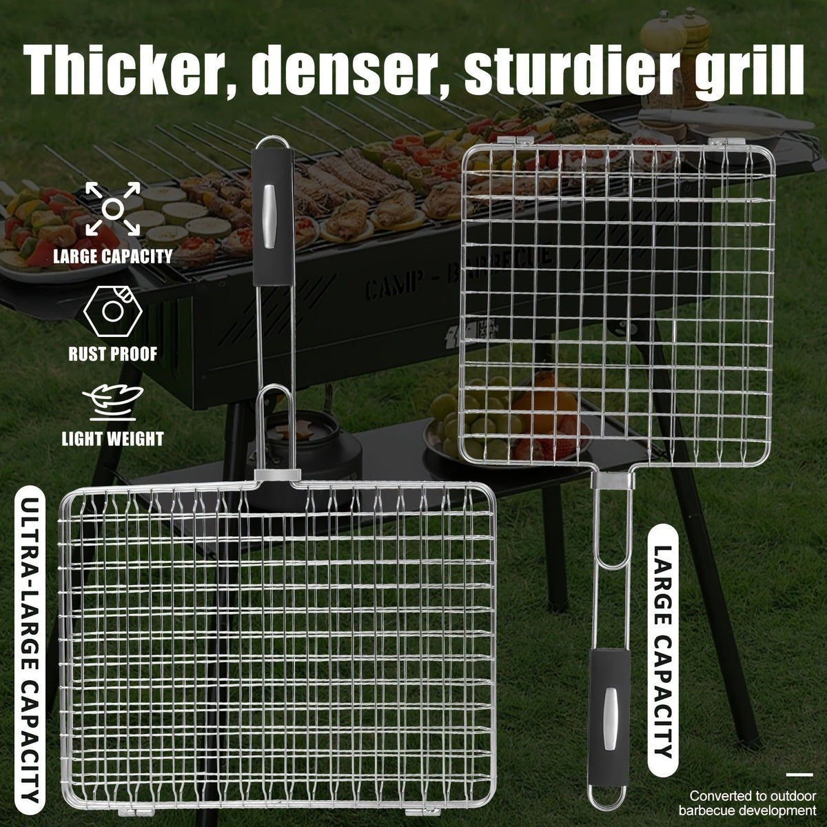 Grill Basket Stainless Steel Folding BBQ Grilling Basket for Fish Chicken Vegetables Shrimp Portable Outdoor Camping Barbecue