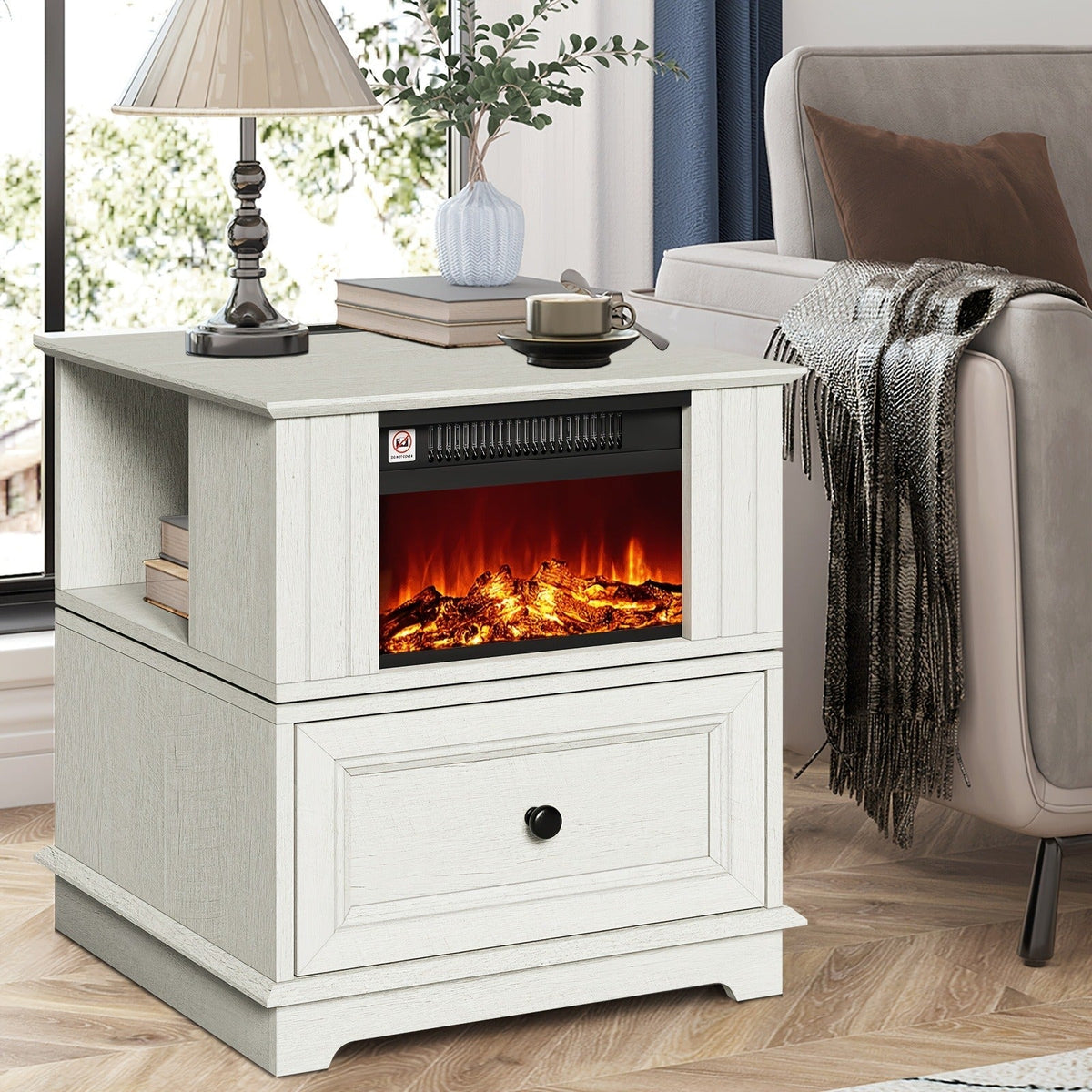 Electric Fireplace End Table Rotating 13-Inch Screen Side Table with Fast Charging Station Storage Shelf for Living Room Bedr