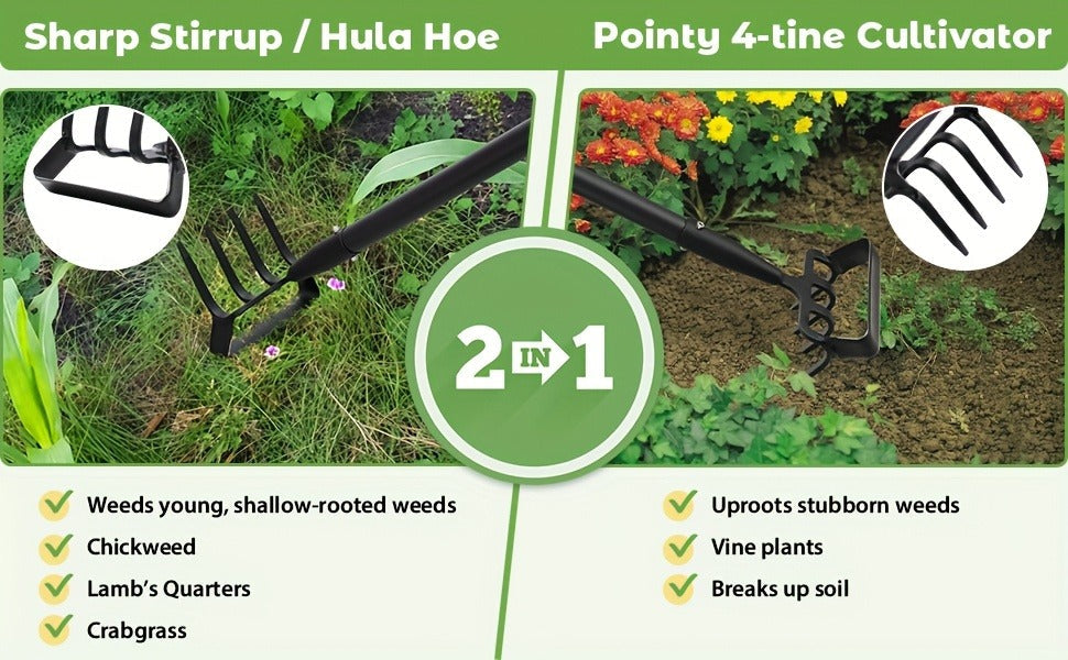 2-in-1 Garden Hand Tool with Stirrup Hoe, Four-Tine Cultivator and 62-, 73- or 82-Inch Sectional Handle — image 10