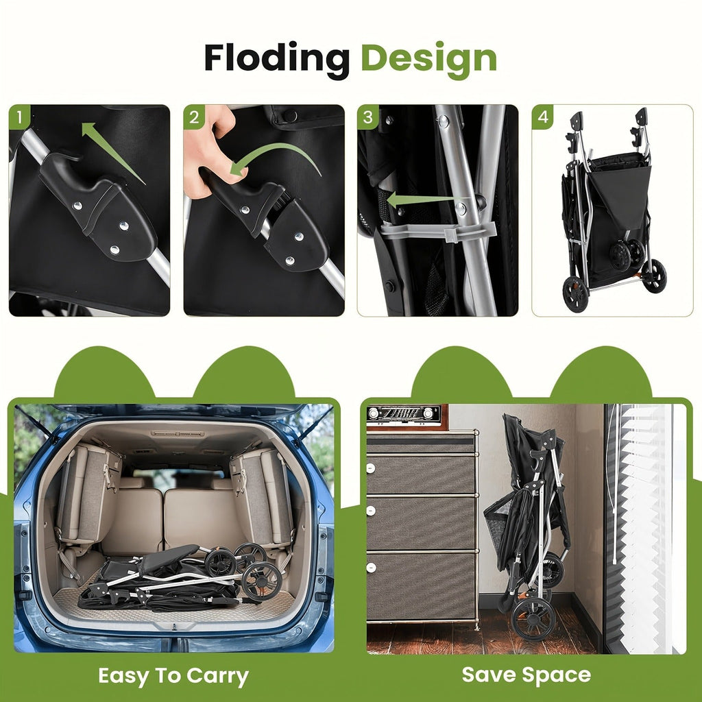 Black Three-Wheel Pet Stroller with Mesh Cabin, Front Cover, Cup Tray and Lower Storage Basket — image 13