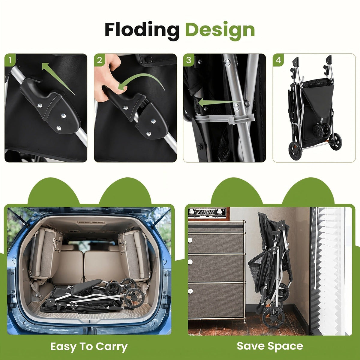 Black Three-Wheel Pet Stroller with Mesh Cabin, Front Cover, Cup Tray and Lower Storage Basket — image 13