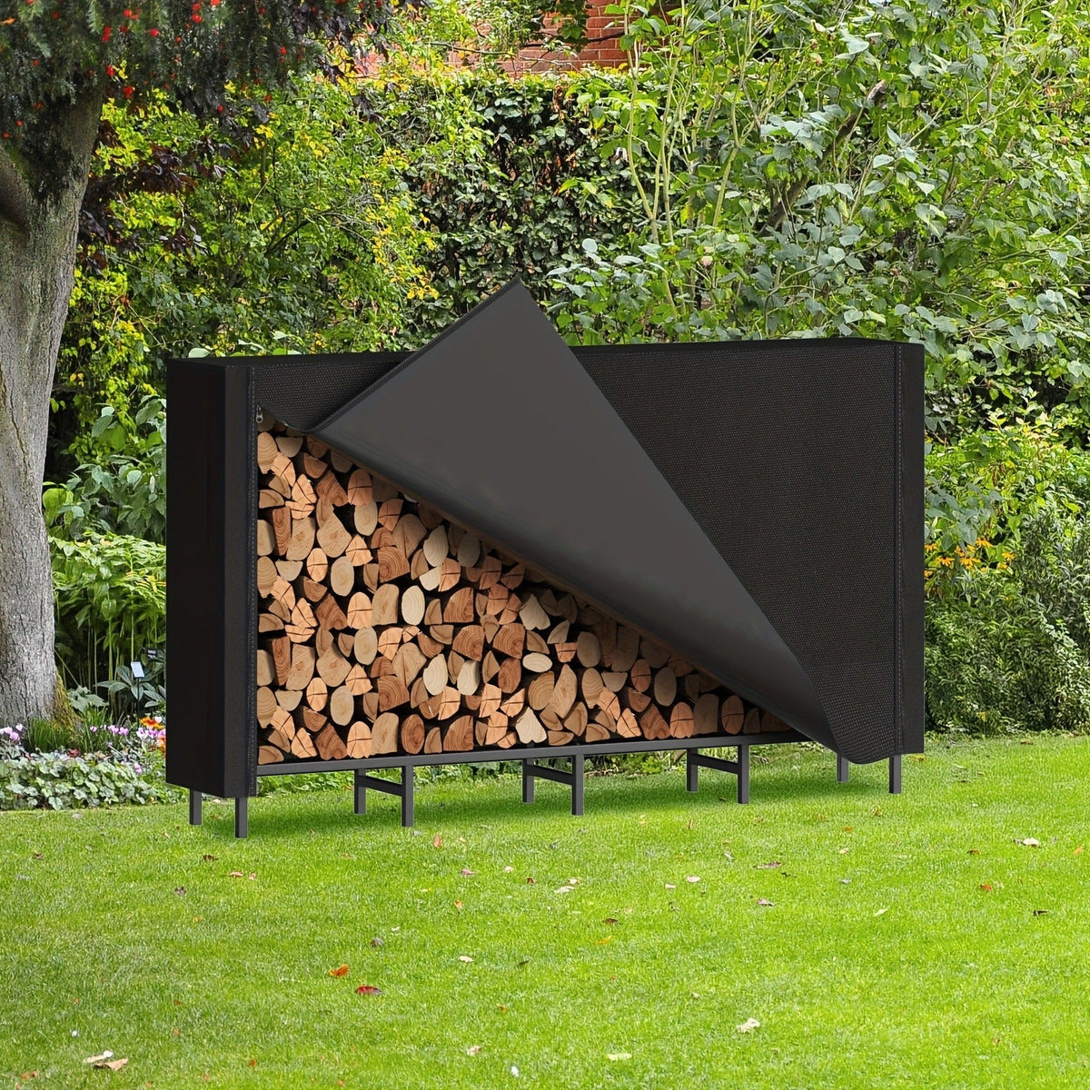 Firewood Rack Heavy Duty Adjustable – Outdoor & Indoor Log Holder with Cover, A-Frame Steel Wood Storage Stand for Fireplace,