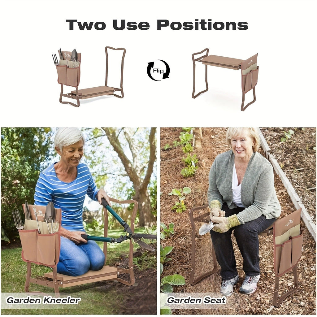 Garden Kneeler and Folding Seat with EVA Foam Pad and Side Tool Pocket, Brown Two-Position Gardening Bench — image 4