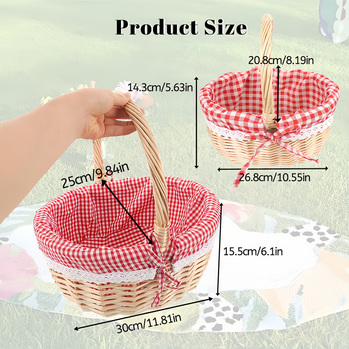 Large Wicker Picnic Basket with Split Lid, Central Carry Handle and Red Checkered Textile Lining — image 5