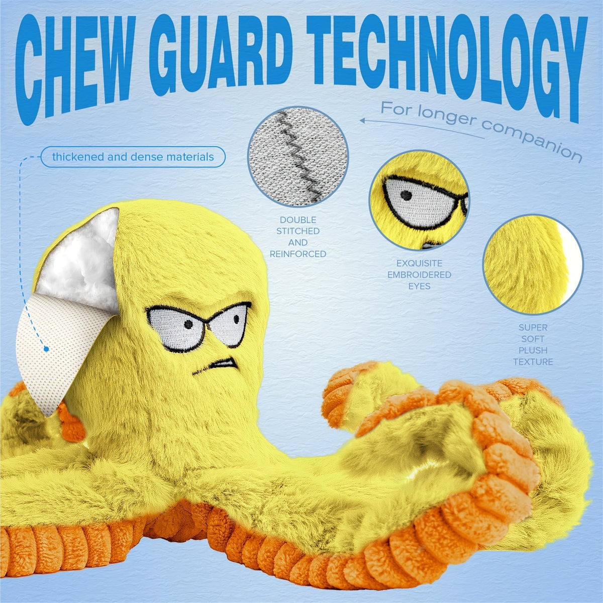 Dog Toy Octopus Plush with Built-In Squeaker and Crinkle Texture in Blue or Yellow with 1, 2 or 4-Pack Options — image 15