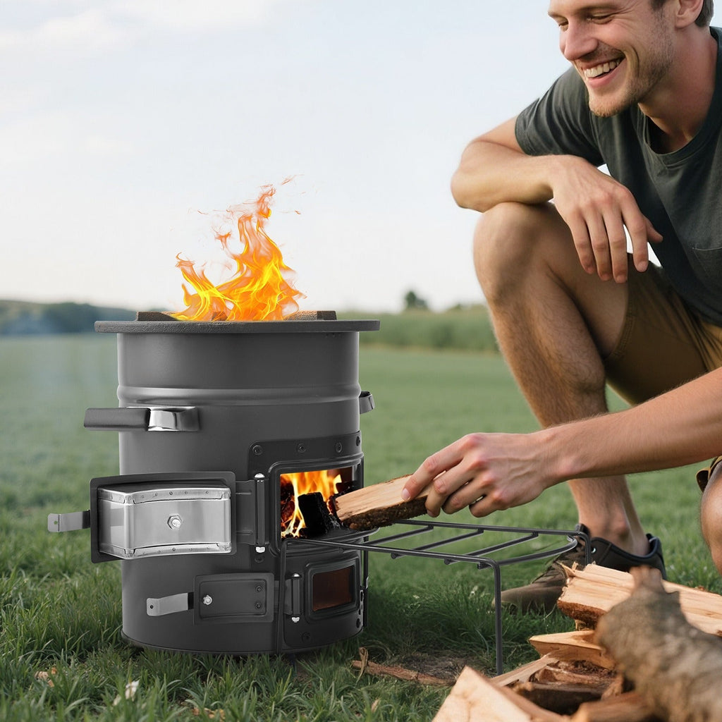 Wood Burning Rocket Stove Portable Camping Stove with Cast Iron Top, Double Door, Fireproof Lining — image 5