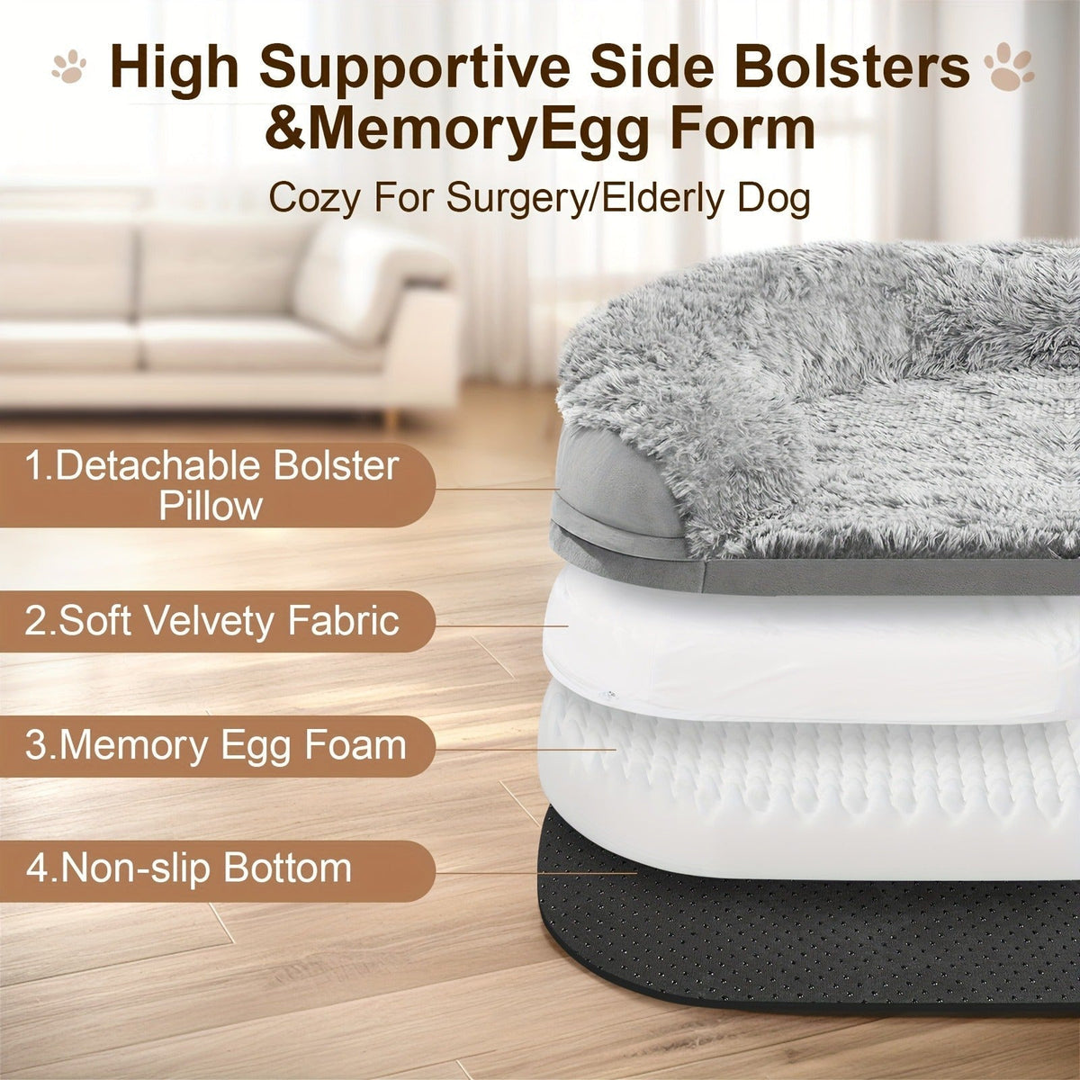 Egg-Crate Foam Dog Bed with Plush Bolsters and Rectangle or Semicircle Large-Size Shape Options — image 9
