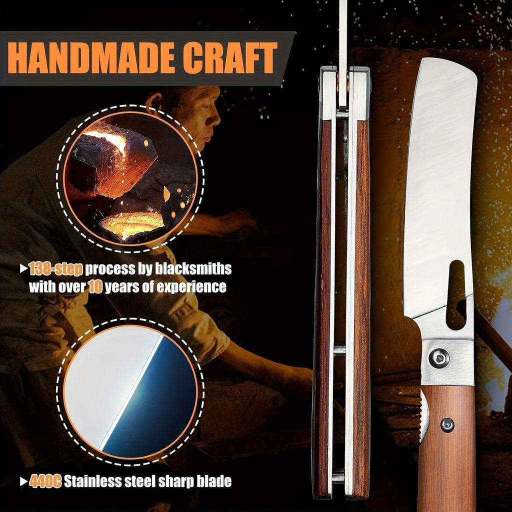 Folding Nakiri Kitchen Knife with 440C Stainless Steel Label, Wood-Look Handle, Drawstring Pouch and Box — image 5