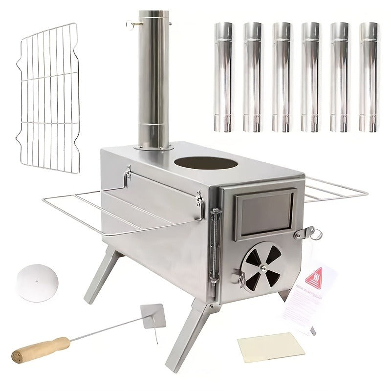 Portable Wood Stove with Chimney Pipe Set, Folding Legs, Side Shelves and Silver or Black Finish Options — image 6