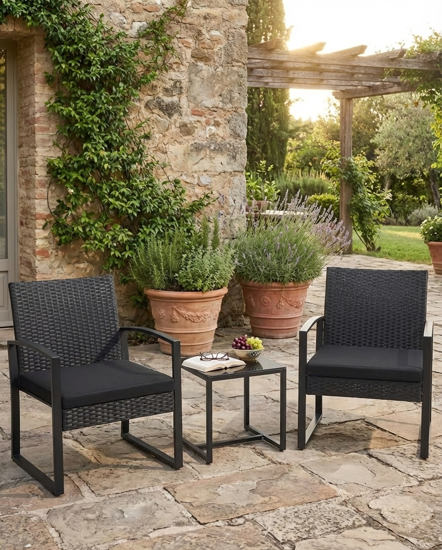 3-Piece Outdoor Patio Furniture Set – Wicker Chairs + Bar Table with Cushions