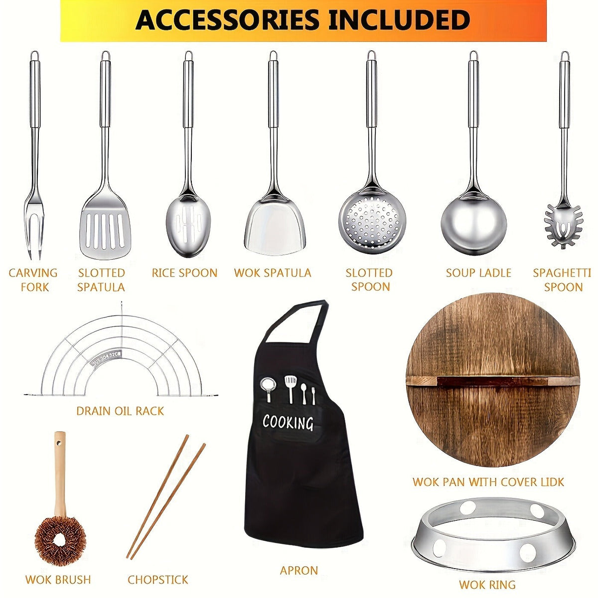 Wok Set Cast Iron 12.6 Inch Nonstick with 13 Accessories, Natural Nonstick No Chemical Coating Stir Fry Pan with Lid & Detach