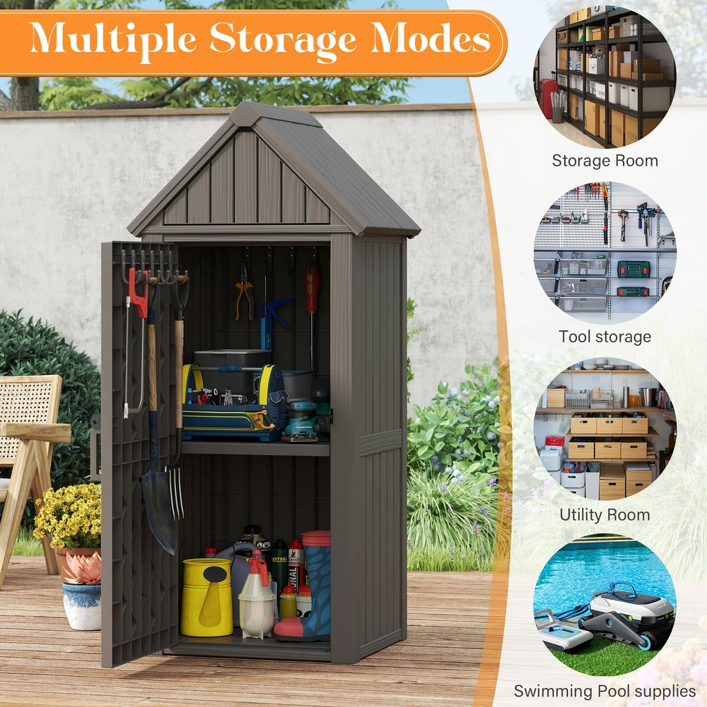 Tall Resin Outdoor Storage Shed with Sloped Roof, Lock-Ready Door and Interior Hooks in Black or Brown — image 6