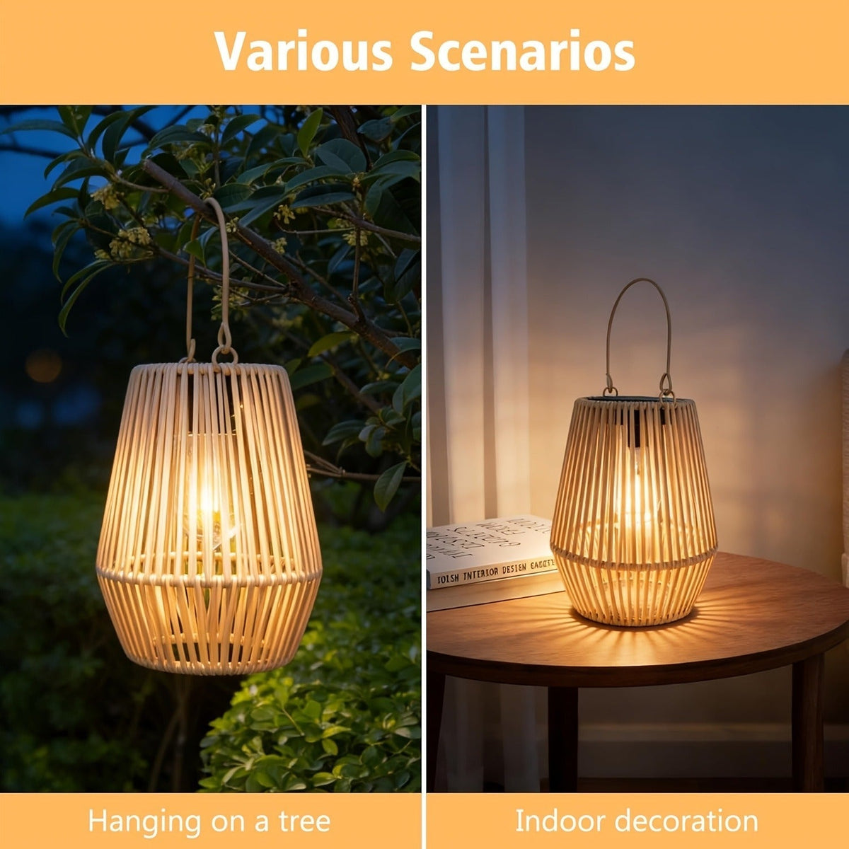 Solar Outdoor Lights Bohemian Bamboo Hanging Lanterns, Warm White, 1/2/4 Piece Sets for Patio Decor — image 12