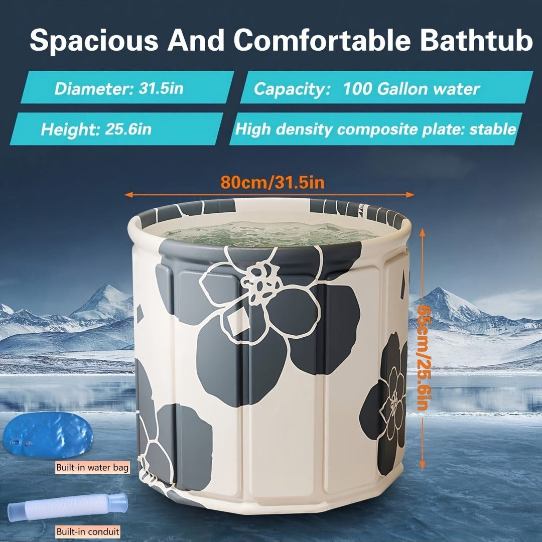 Round Foldable Adult Soaking Tub in Black-and-White Geometric Pattern with Freestanding Support Frame and Drain — image 5