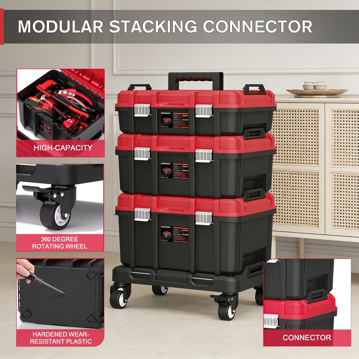 Rolling Tool Box with Wheels 3-Tier Stackable Organizer | Lockable Compartments, Connected Storage, 17" Large Plastic Toolbox