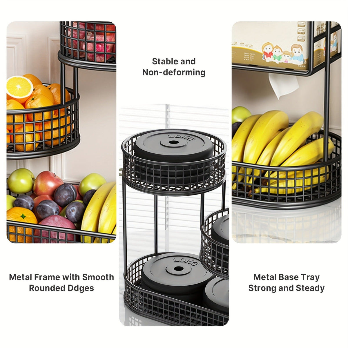 Three-Tier Black Wire Fruit Basket with Staggered Round Bowls and Rectangular Countertop Base — image 5