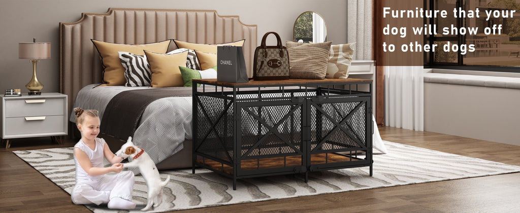 43-Inch Corner Dog Crate Furniture with Vintage Wood-Look Top, Metal Mesh Sides and Side Doors — image 5