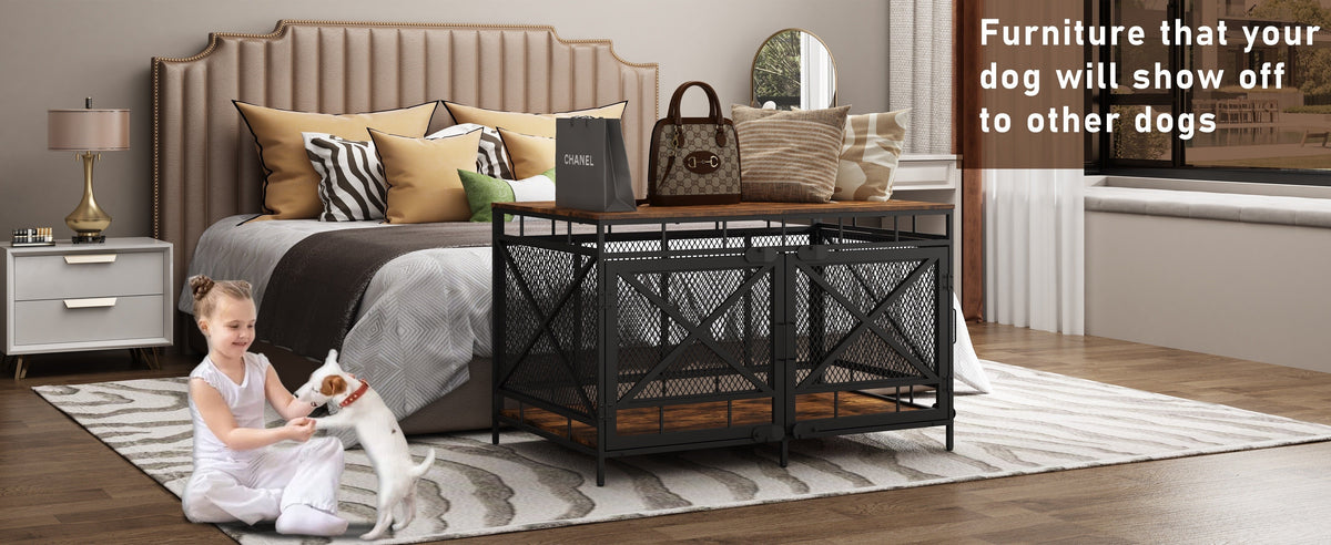 43-Inch Corner Dog Crate Furniture with Vintage Wood-Look Top, Metal Mesh Sides and Side Doors — image 5