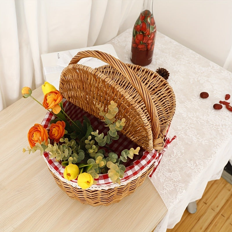 Willow Picnic Hamper Basket with Hinged Lid, Carry Handle and Red Checkered Textile Lining — image 5