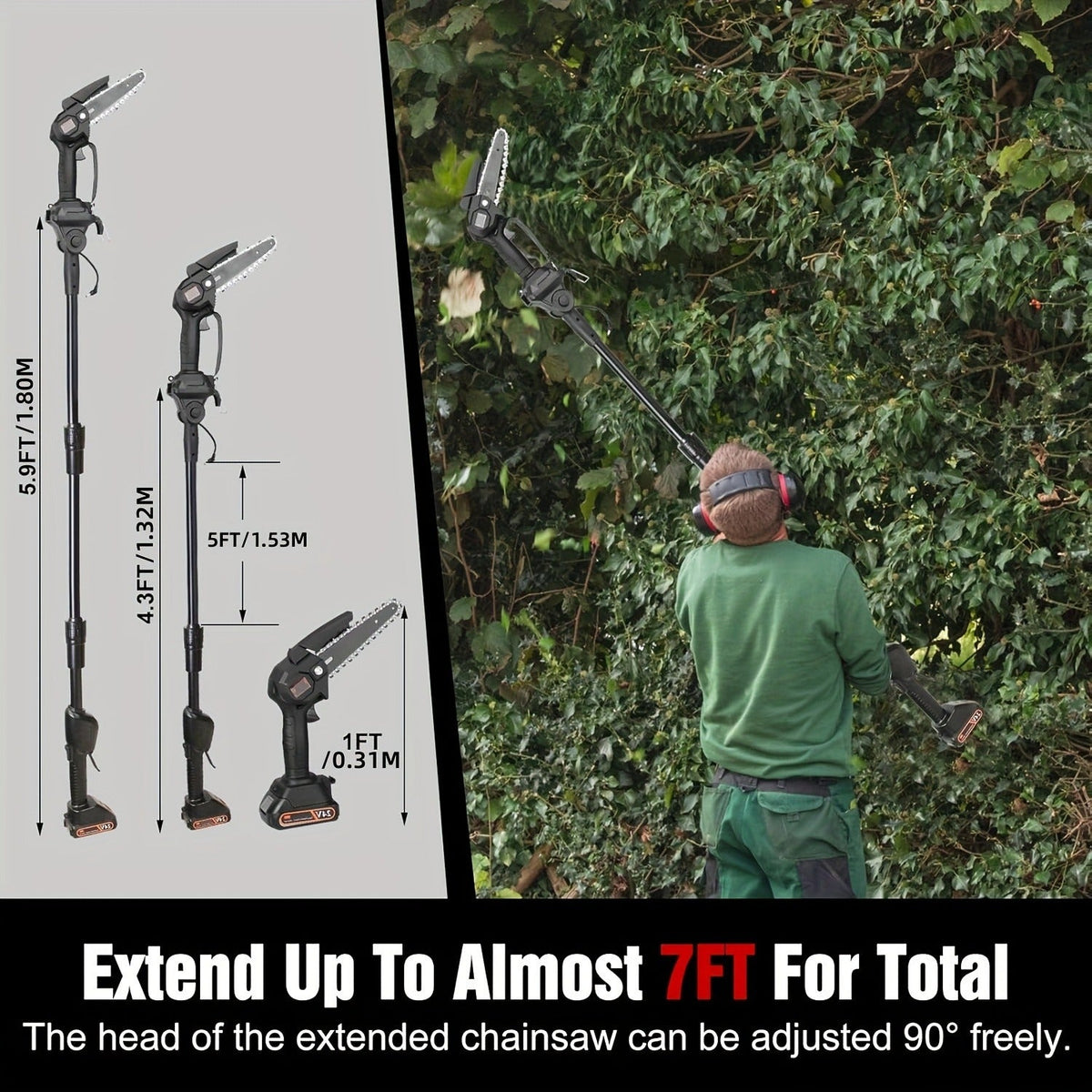 Cordless 4- and 6-Inch Pole Saw with Three Extension Sections, 90° Head, Two Batteries and Two Colors — image 10