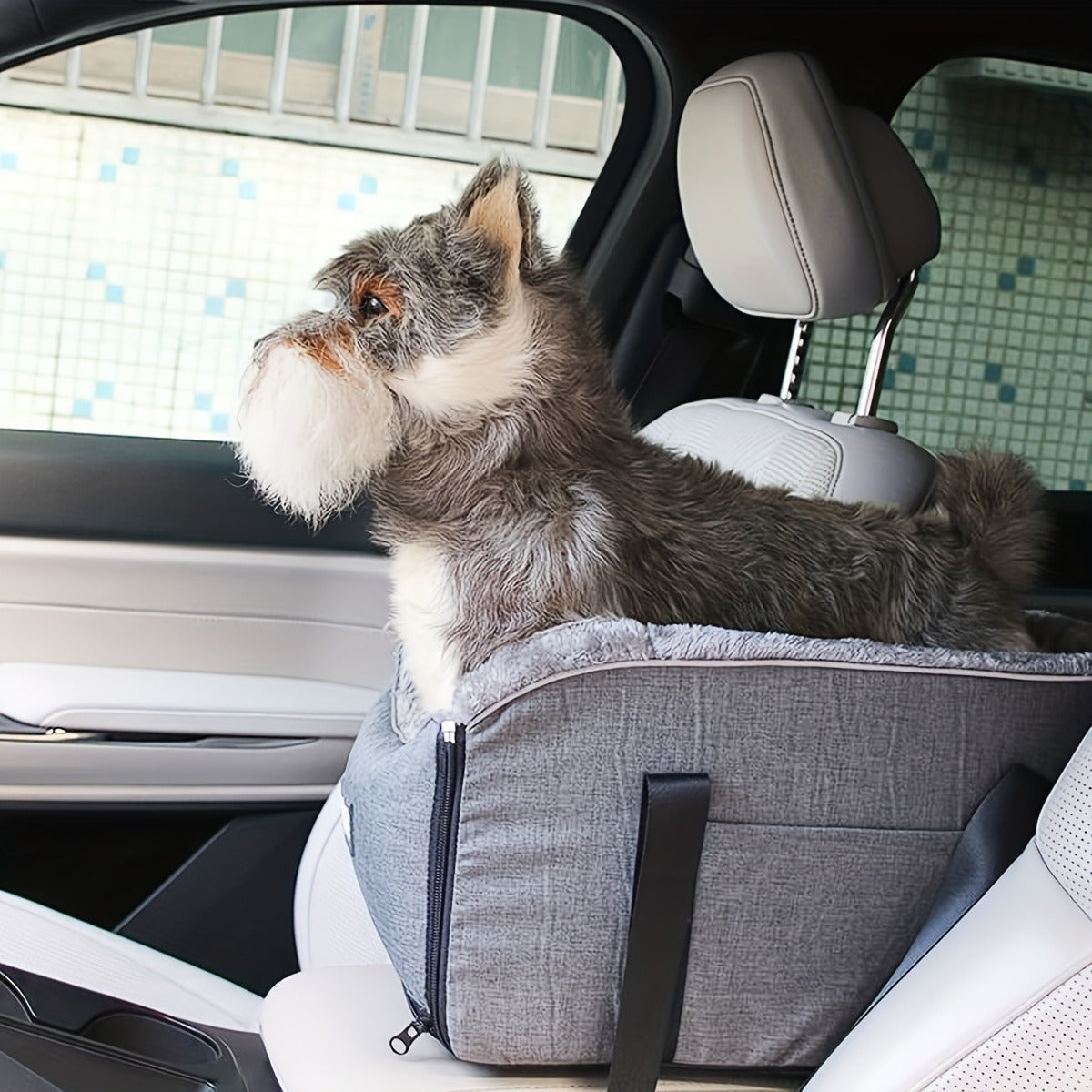 Open-Top Pet Carrier Car Seat Tote with Padded Rim, Attachment Straps, Interior Clip and Grey Fabric Exterior — image 13