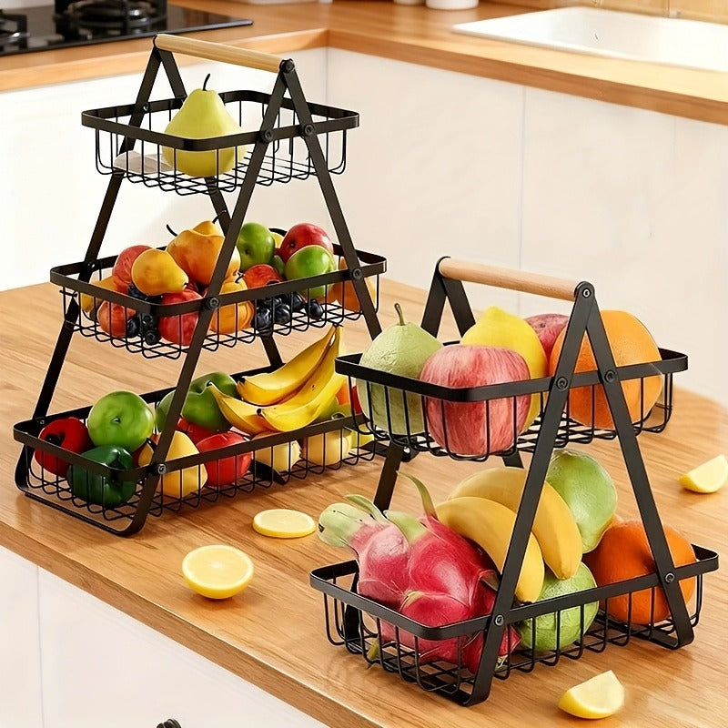 Fruit Basket Kitchen Organizer 2 or 3 Tier Metal Stand with Removable Wooden Handles for Countertop — image 6