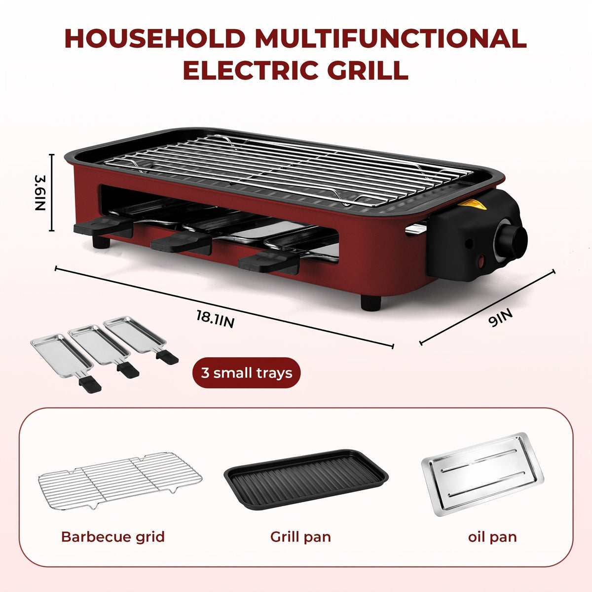 Indoor Smokeless Electric Grill 1500W Non-Stick Raclette Table Grill with Removable Plate & 3 Mini Pans Compact BBQ Griddle —