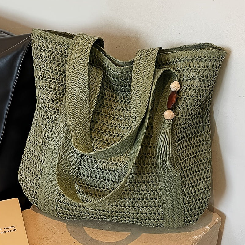 Woven Tote Bag with Tassel and Large Beach Storage for Women — image 7