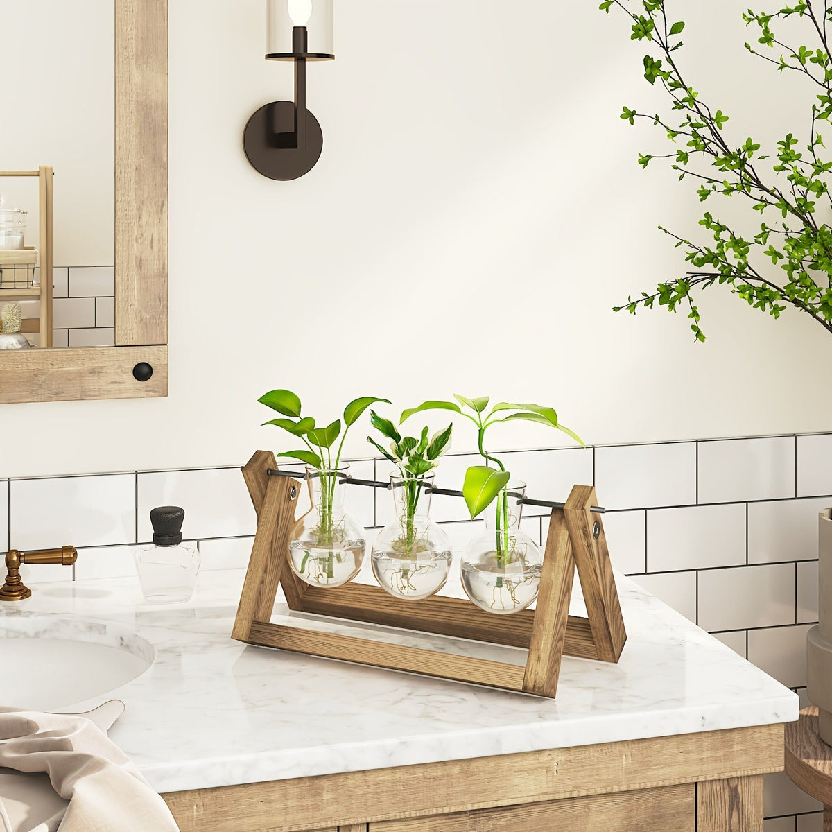 Glass Terrarium Heart Shaped Hydroponic Vase with Wooden Stand – Elegant Plant Propagation Station for Home Decor — image 1