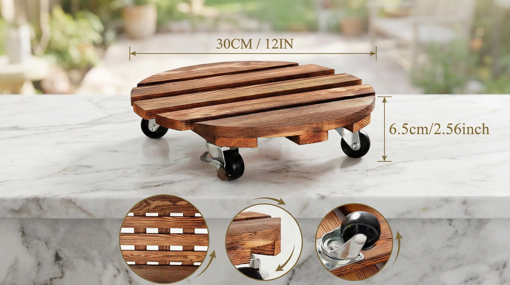 Rolling Wood Caddy with Lockable Wheels – 2 Pack Heavy Duty Pot Stand
