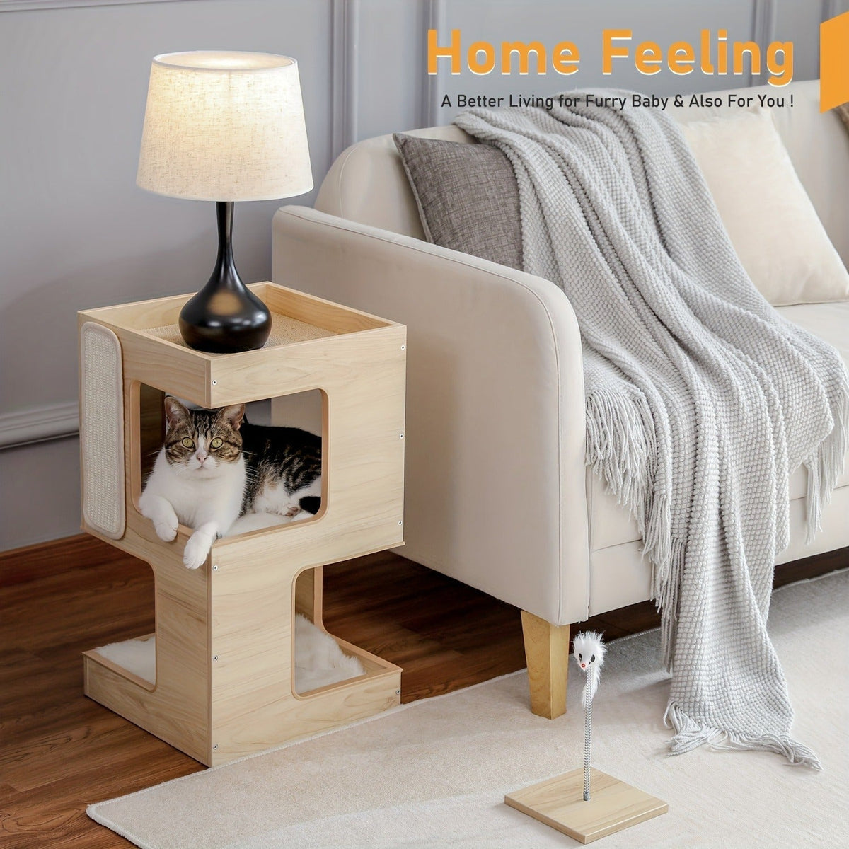 23.6-Inch Wood-Look Cat Tree Bed with Three Levels, Removable Soft Mats and Brown Finish for Indoor Cats — image 2