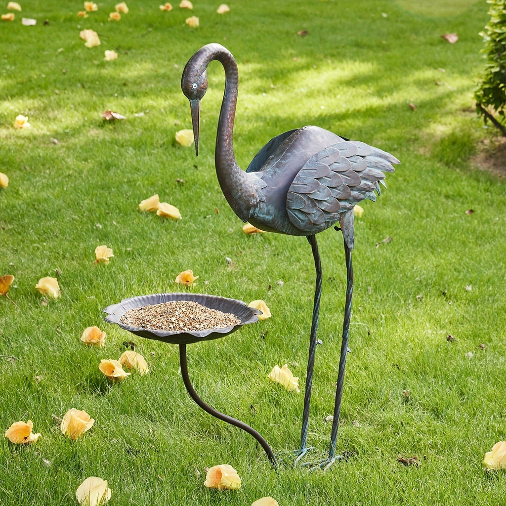 36-Inch Crane Sculpture Bird Bath Set with Separate 12.6-Inch Basin and Garden Stakes for Yard Decor — image 5