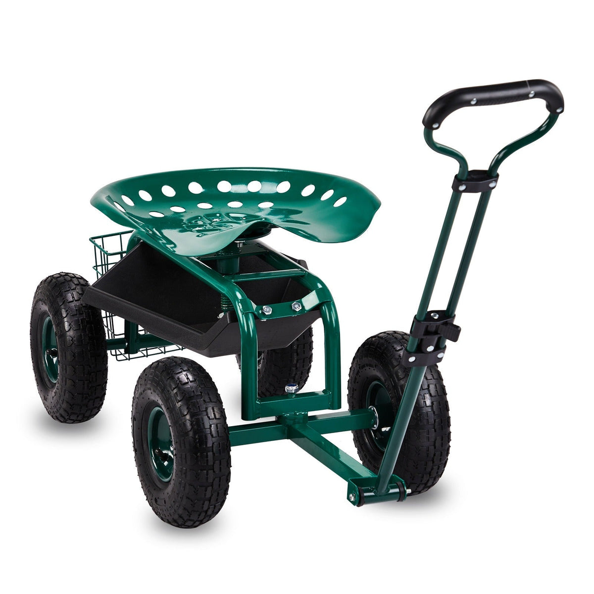 Rolling Garden Seat Cart, Backrest, Cushion, Telescopic Handle & Storage Basket, Steel Frame — image 6