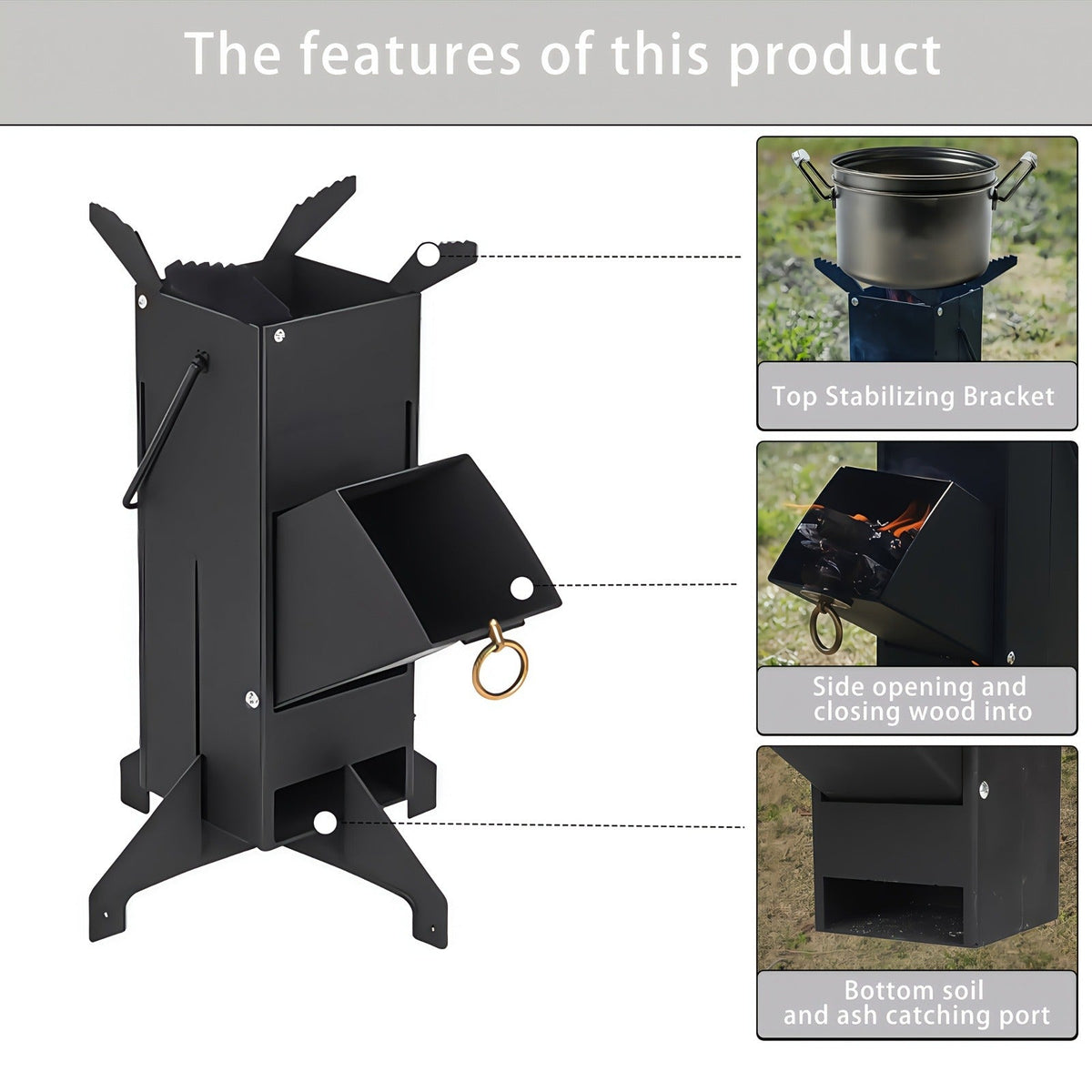 Black Rocket Stove with Detachable Side Feed Door, Four-Leg Base and Wood or Charcoal Fuel Configuration — image 5