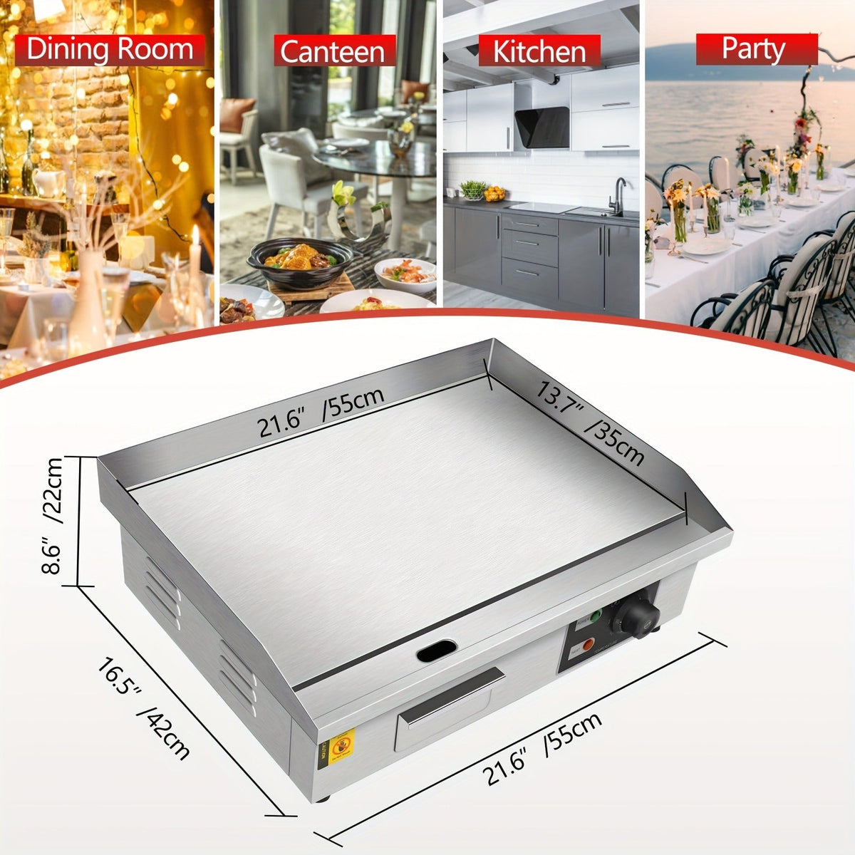 Flat Top Griddle 22 Inch 1600W Electric Countertop Teppanyaki Grill Non-Stick Stainless Steel Commercial for Garden, Patio an