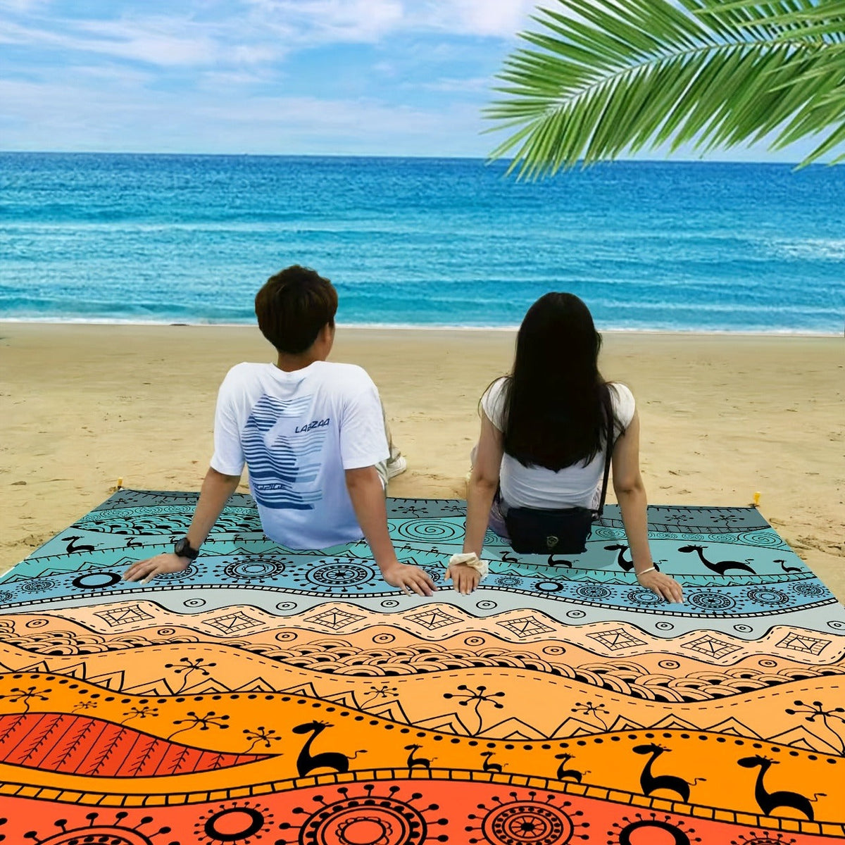 205 x 198cm Picnic Blanket with Orange, Aqua and Black Bohemian Animal Print and Matching Zip Carry Bag — image 5