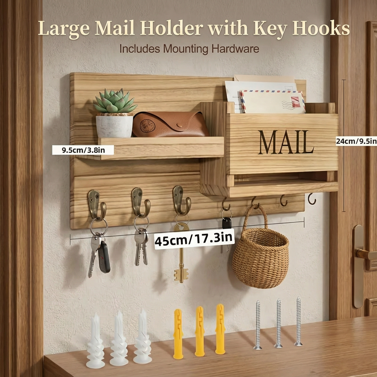 Vintage Wood Wall Organizer – Key Holder, Mail Rack & Coat Hooks