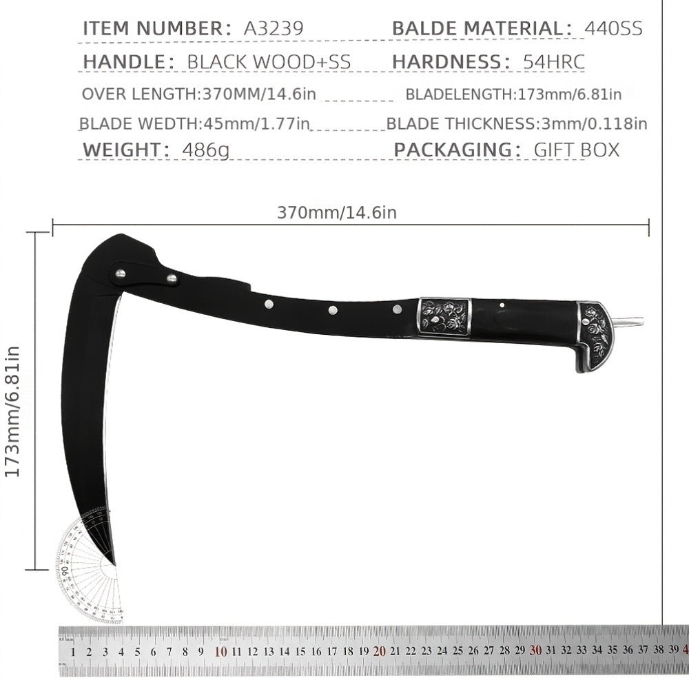 Folding Sickle Stainless Steel Flat Edge Blade with Black Wood Handle & Double Bolsters for Garden, Patio and Yard Use — imag