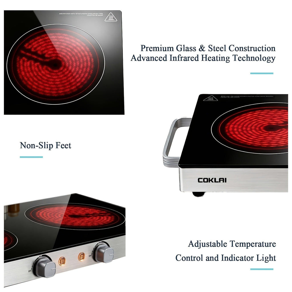 Portable Electric Stove Stainless Steel Single Burner Hot Plate with Temperature Control for Home Cooking, Dining and Outdoor