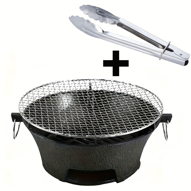 10.6-Inch Round Charcoal Grill Set with Cast-Iron Body, Cooking Grid, Wooden Base and Tongs — image 5
