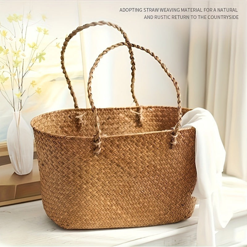 Large Woven Straw Picnic Tote Basket with Long Handles, Open Top Natural-Color Outdoor Carry Design — image 5