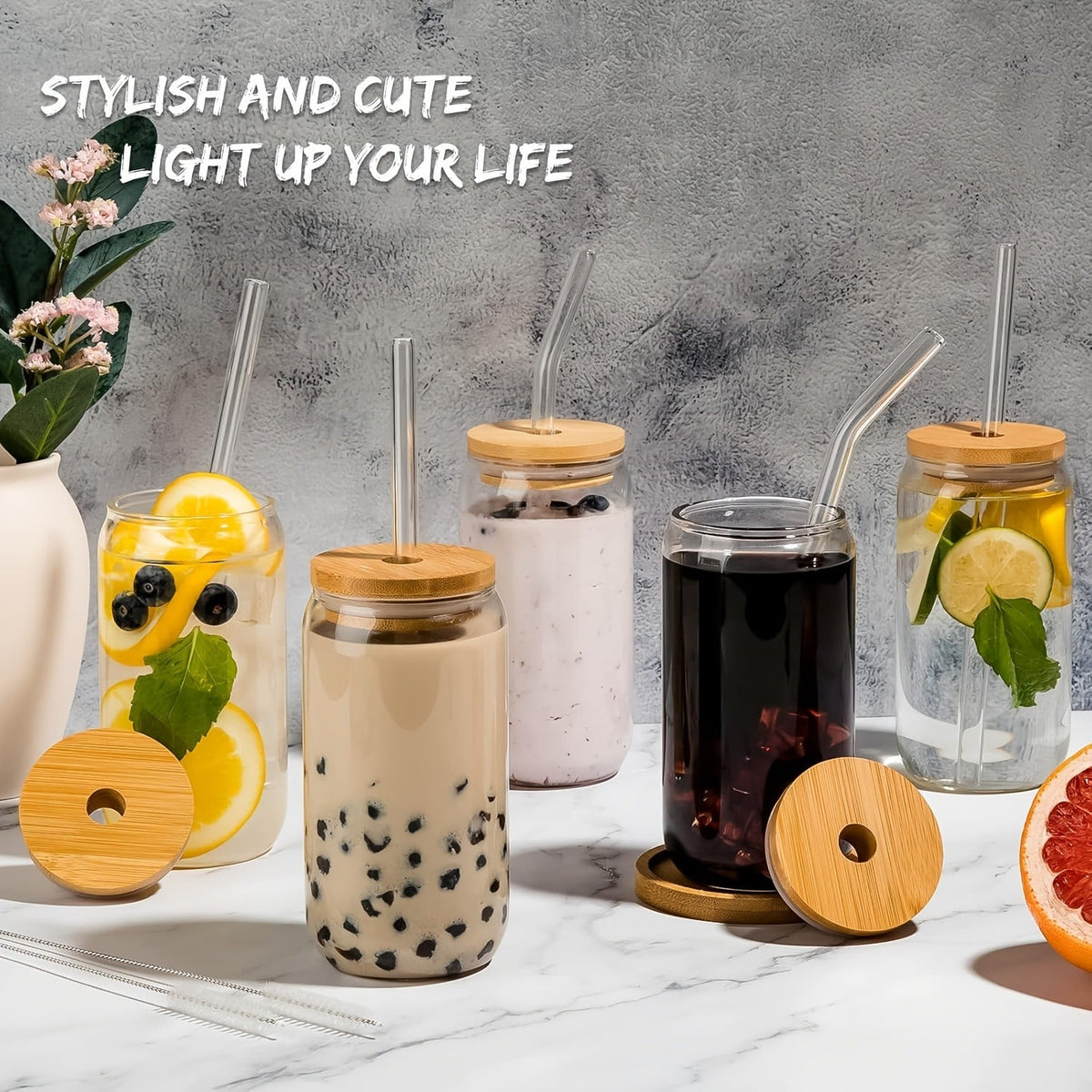 Drinking Glasses Set with Lid and Straw 550ml Oval Glass Cups 4 or 6 Piece, for Home Cooking, Dining and Outdoor Meals — imag